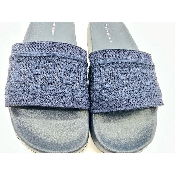 TOMMY HILFIGER Womens Navy Knit Logo Pool Slides Dollop Round Toe Slip On Slide - Picture 5 of 6